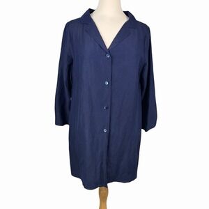 VTG Eileen Fisher Jacket Blazer Linen Silk Light Weight Open Navy Blue Size Med